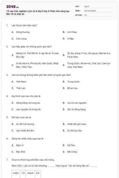 15 câu trắc nghiệm Lịch sử & Địa lí lớp 5 Chân trời sáng tạo Bài 18 có đáp án