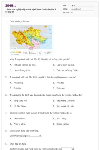 15 câu trắc nghiệm Lịch sử & Địa lí lớp 4 Cánh diều Bài 3 có đáp án