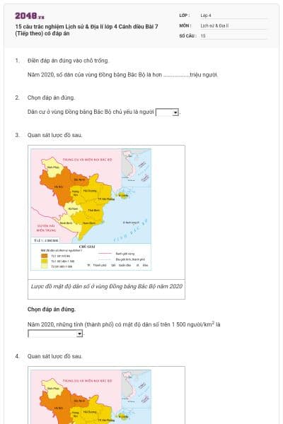 15 câu trắc nghiệm Lịch sử & Địa lí lớp 4 Cánh diều Bài 7 (Tiếp theo) có đáp án