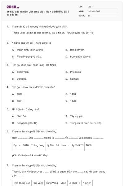 16 câu trắc nghiệm Lịch sử & Địa lí lớp 4 Cánh diều Bài 9 có đáp án
