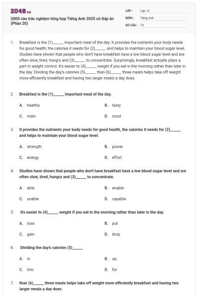 2000 câu trắc nghiệm tổng hợp Tiếng Anh 2025 có đáp án (Phần 20)