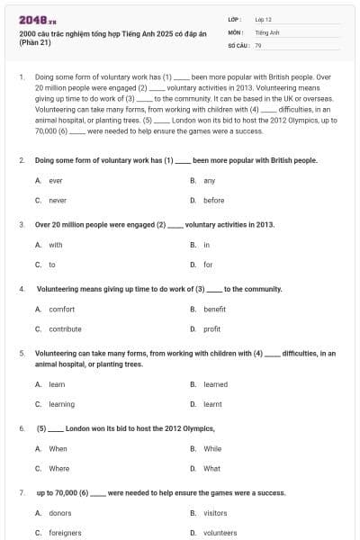 2000 câu trắc nghiệm tổng hợp Tiếng Anh 2025 có đáp án (Phần 21)