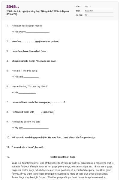 2000 câu trắc nghiệm tổng hợp Tiếng Anh 2025 có đáp án (Phần 22)