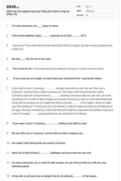 2000 câu trắc nghiệm tổng hợp Tiếng Anh 2025 có đáp án (Phần 24)