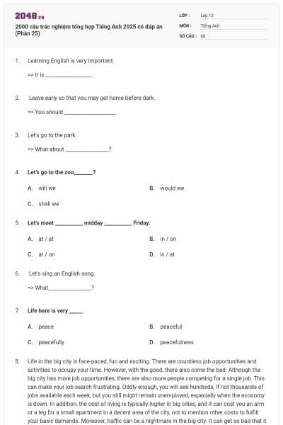 2000 câu trắc nghiệm tổng hợp Tiếng Anh 2025 có đáp án (Phần 25)