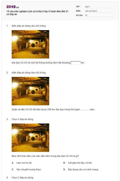 15 câu trắc nghiệm Lịch sử & Địa lí lớp 4 Cánh diều Bài 21 có đáp án