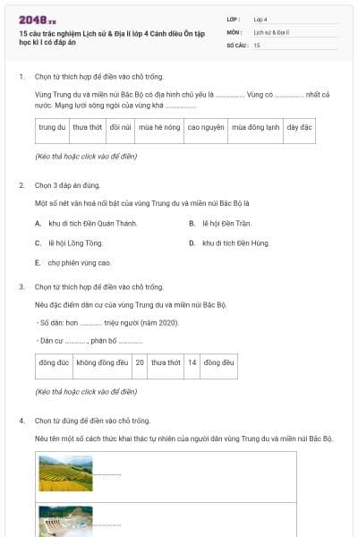 15 câu trắc nghiệm Lịch sử & Địa lí lớp 4 Cánh diều Ôn tập học kì I có đáp án