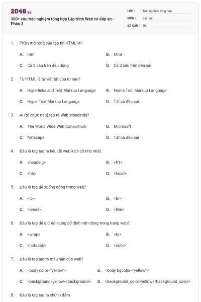 300+ câu trắc nghiệm tổng hợp Lập trình Web có đáp án - Phần 3