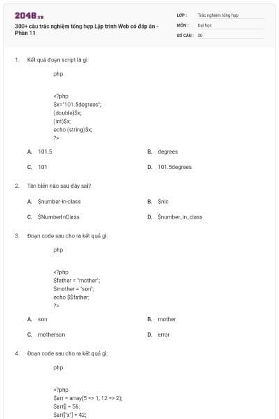300+ câu trắc nghiệm tổng hợp Lập trình Web có đáp án - Phần 11
