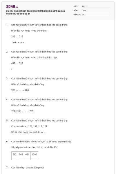 25 câu trắc nghiệm Toán lớp 2 Cánh diều So sánh các số có ba chữ số có đáp án