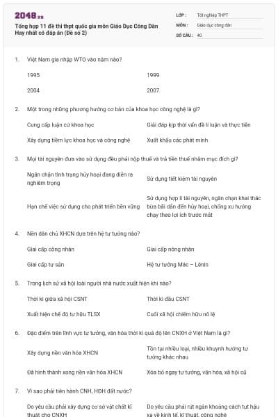 Tổng hợp 11 đề thi thpt quốc gia môn Giáo Dục Công Dân Hay nhất có đáp án (Đề số 2)
