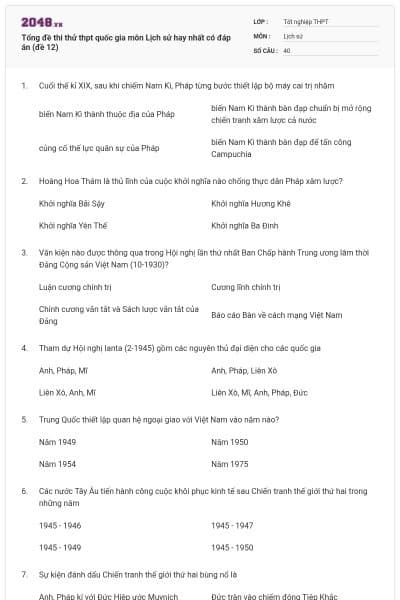Tổng đề thi thử thpt quốc gia môn Lịch sử hay nhất có đáp án (đề 12)