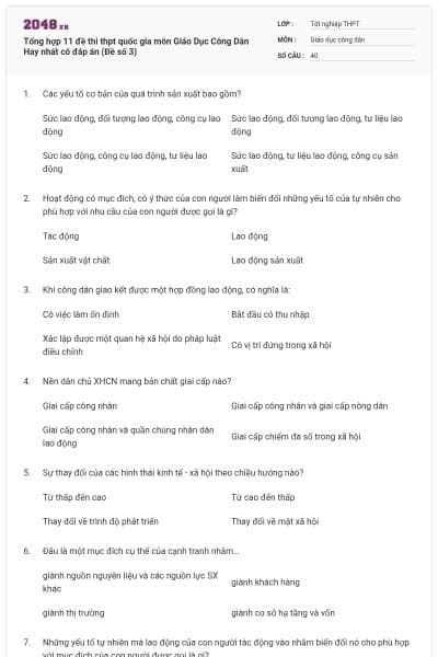 Tổng hợp 11 đề thi thpt quốc gia môn Giáo Dục Công Dân Hay nhất có đáp án (Đề số 3)
