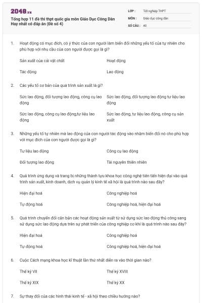 Tổng hợp 11 đề thi thpt quốc gia môn Giáo Dục Công Dân Hay nhất có đáp án (Đề số 4)