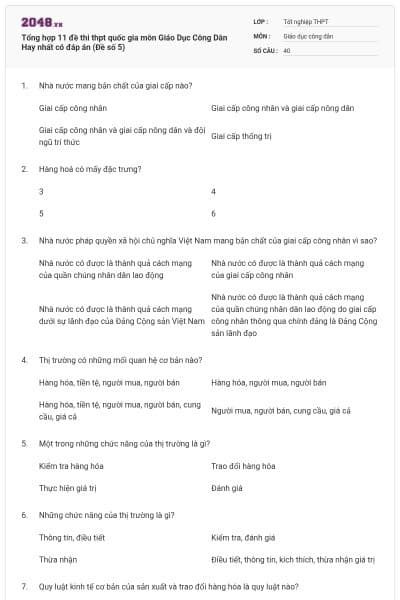 Tổng hợp 11 đề thi thpt quốc gia môn Giáo Dục Công Dân Hay nhất có đáp án (Đề số 5)