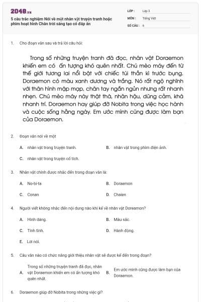 5 câu trắc nghiệm Nói về một nhân vật truyện tranh hoặc phim hoạt hình Chân trời sáng tạo có đáp án