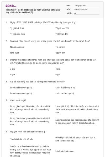 Tổng hợp 11 đề thi thpt quốc gia môn Giáo Dục Công Dân Hay nhất có đáp án (Đề số 6)