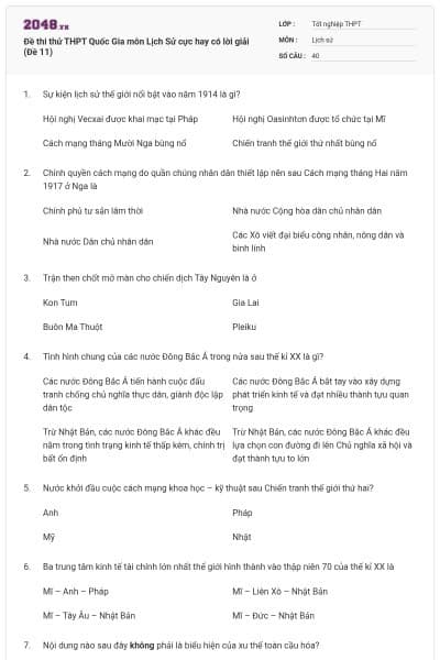 Đề thi thử THPT Quốc Gia môn Lịch Sử cực hay có lời giải (Đề 11)