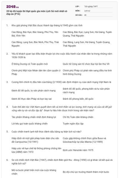 20 bộ đề luyện thi thpt quốc gia môn Lịch Sử mới nhất có đáp án (P16)