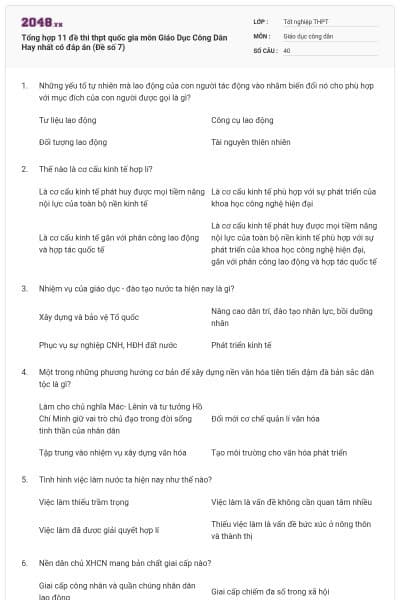 Tổng hợp 11 đề thi thpt quốc gia môn Giáo Dục Công Dân Hay nhất có đáp án (Đề số 7)
