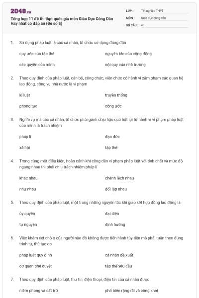 Tổng hợp 11 đề thi thpt quốc gia môn Giáo Dục Công Dân Hay nhất có đáp án (Đề số 8)