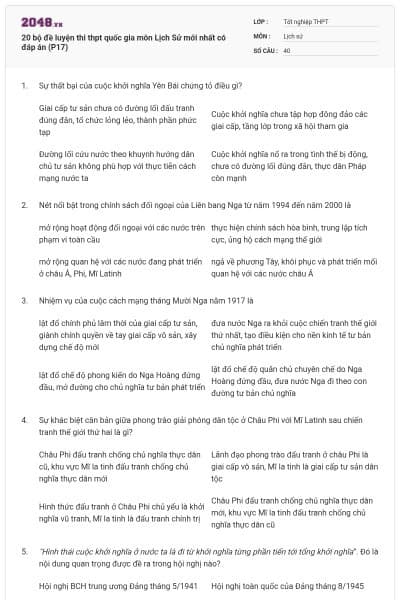 20 bộ đề luyện thi thpt quốc gia môn Lịch Sử mới nhất có đáp án (P17)