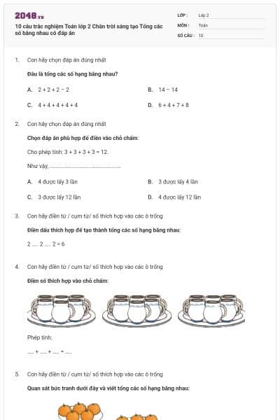 10 câu trắc nghiệm Toán lớp 2 Chân trời sáng tạo Tổng các số bằng nhau có đáp án