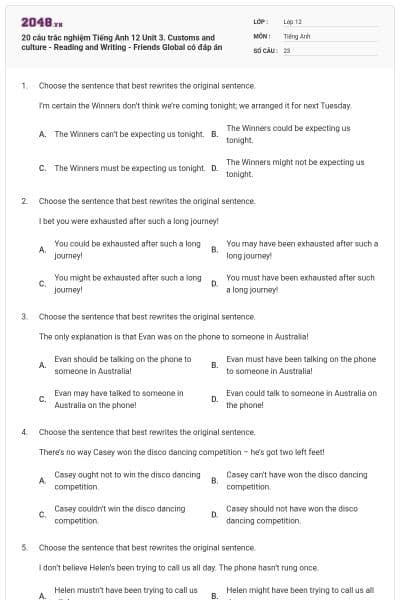 20 câu trắc nghiệm Tiếng Anh 12 Unit 3. Customs and culture - Reading and Writing - Friends Global có đáp án