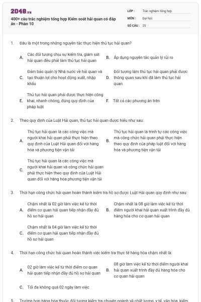 400+ câu trắc nghiệm tổng hợp Kiểm soát hải quan có đáp án - Phần 10