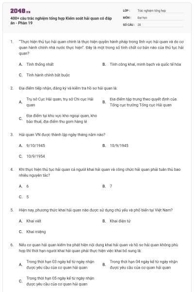 400+ câu trắc nghiệm tổng hợp Kiểm soát hải quan có đáp án - Phần 19