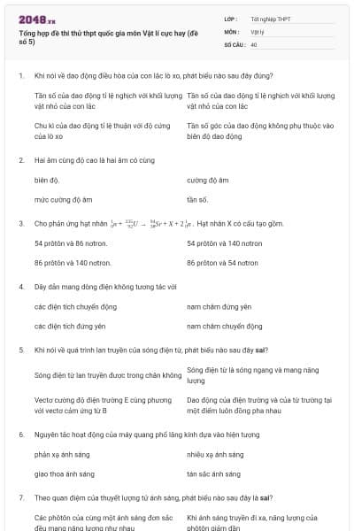 Tổng hợp đề thi thử thpt quốc gia môn Vật lí cực hay (đề số 5)