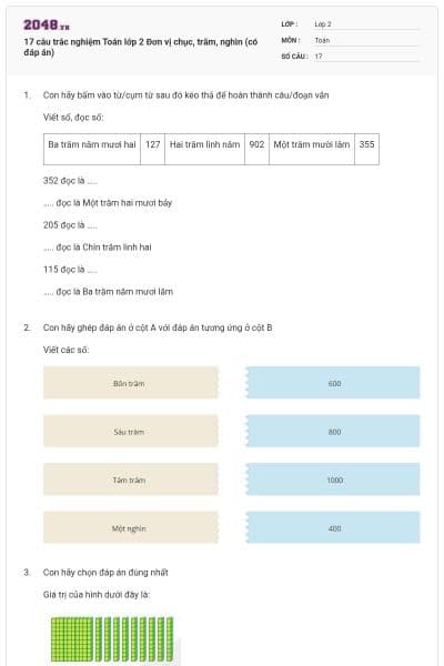 17 câu trắc nghiệm Toán lớp 2 Đơn vị chục, trăm, nghìn (có đáp án)