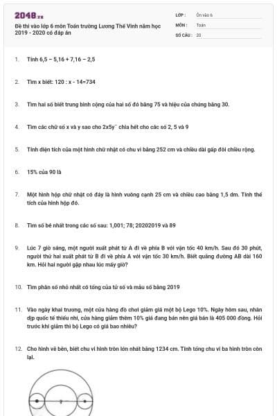 Đề thi vào lớp 6 môn Toán trường Lương Thế Vinh năm học 2019 - 2020 có đáp án