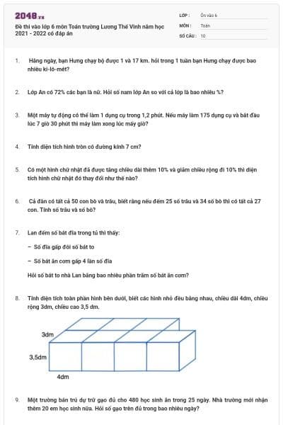 Đề thi vào lớp 6 môn Toán trường Lương Thế Vinh năm học 2021 - 2022 có đáp án