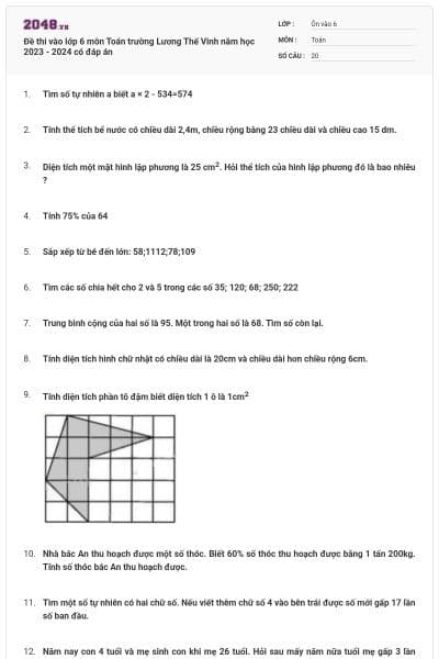 Đề thi vào lớp 6 môn Toán trường Lương Thế Vinh năm học 2023 - 2024 có đáp án