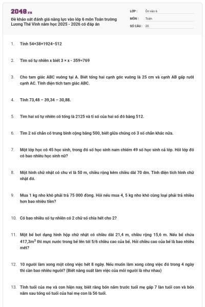 Đề khảo sát đánh giá năng lực vào lớp 6 môn Toán trường Lương Thế Vinh năm học 2025 - 2026 có đáp án