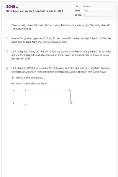 Đề thi tuyển sinh vào lớp 6 môn Toán có đáp án - Đề 9