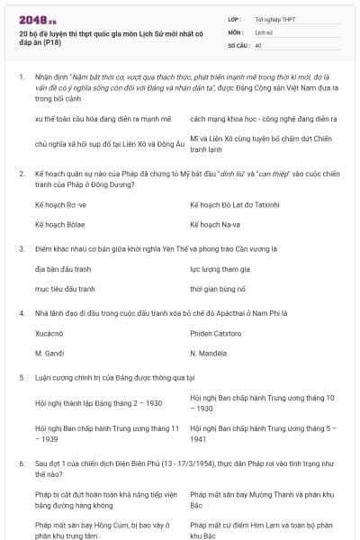20 bộ đề luyện thi thpt quốc gia môn Lịch Sử mới nhất có đáp án (P18)