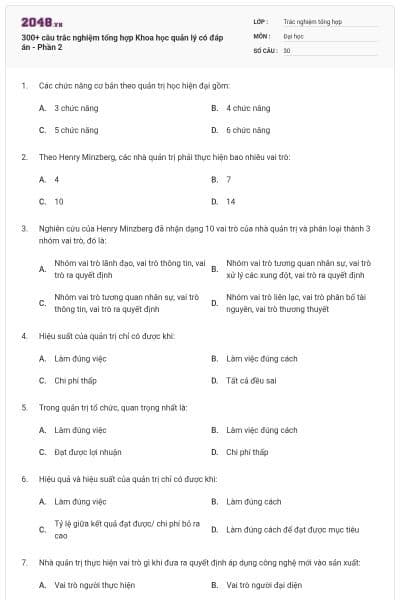 300+ câu trắc nghiệm tổng hợp Khoa học quản lý có đáp án - Phần 2