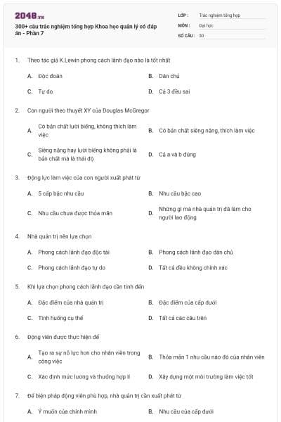 300+ câu trắc nghiệm tổng hợp Khoa học quản lý có đáp án - Phần 7
