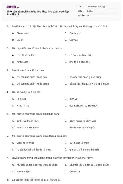 300+ câu trắc nghiệm tổng hợp Khoa học quản lý có đáp án - Phần 9
