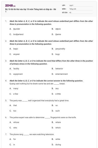 Bộ 10 đề thi thử vào lớp 10 môn Tiếng Anh có đáp án - Đề 1