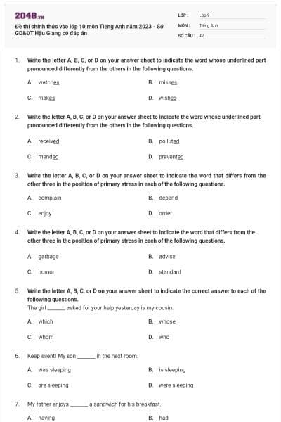 Đề thi chính thức vào lớp 10 môn Tiếng Anh năm 2023 - Sở GD&ĐT Hậu Giang có đáp án
