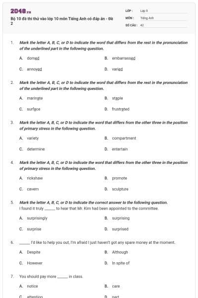 Bộ 10 đề thi thử vào lớp 10 môn Tiếng Anh có đáp án - Đề 2
