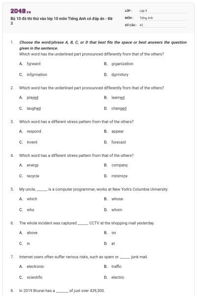 Bộ 10 đề thi thử vào lớp 10 môn Tiếng Anh có đáp án - Đề 3