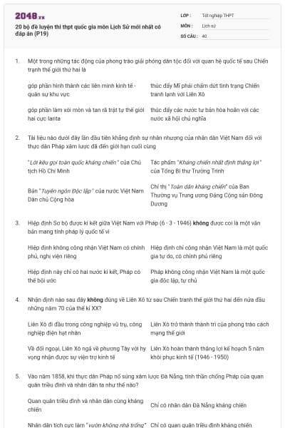 20 bộ đề luyện thi thpt quốc gia môn Lịch Sử mới nhất có đáp án (P19)