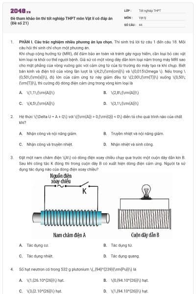 Đề tham khảo ôn thi tốt nghiệp THPT môn Vật lí có đáp án (Đề số 21)
