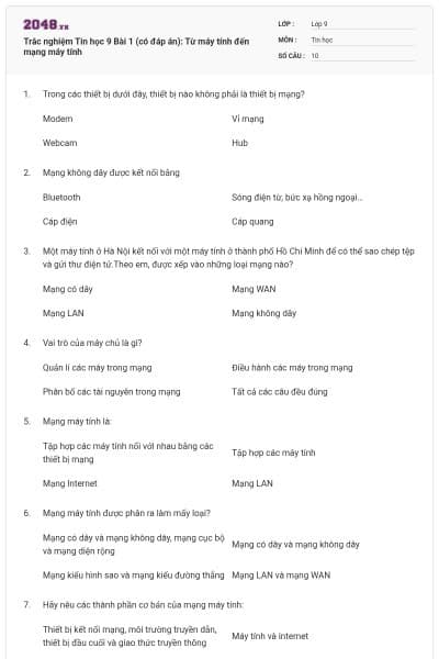 Trắc nghiệm Tin học 9 Bài 1 (có đáp án): Từ máy tính đến mạng máy tính