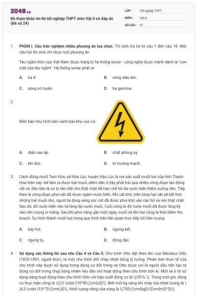 Đề tham khảo ôn thi tốt nghiệp THPT môn Vật lí có đáp án (Đề số 24)