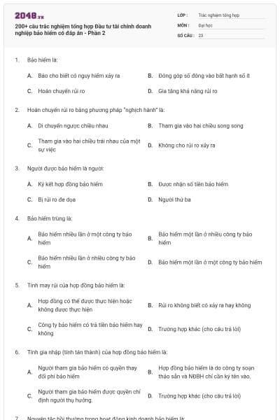 200+ câu trắc nghiệm tổng hợp Đầu tư tài chính doanh nghiệp bảo hiểm có đáp án - Phần 2